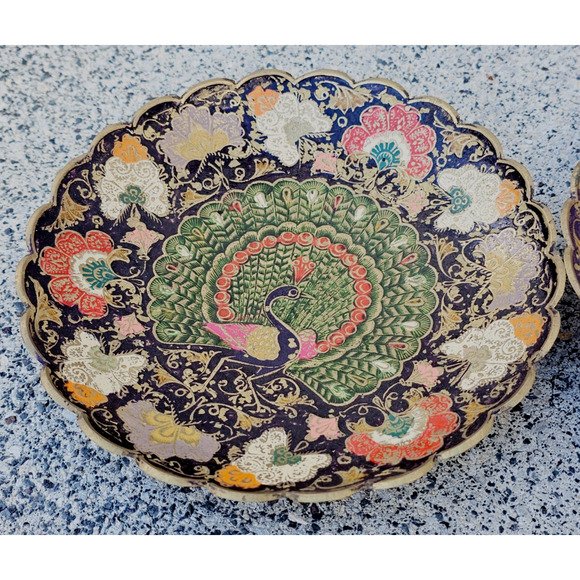 Set of 2 VTG Solid Brass Enameled Decorative Peacock Dish Trinket Bowl 7.5" - Picture 3 of 5